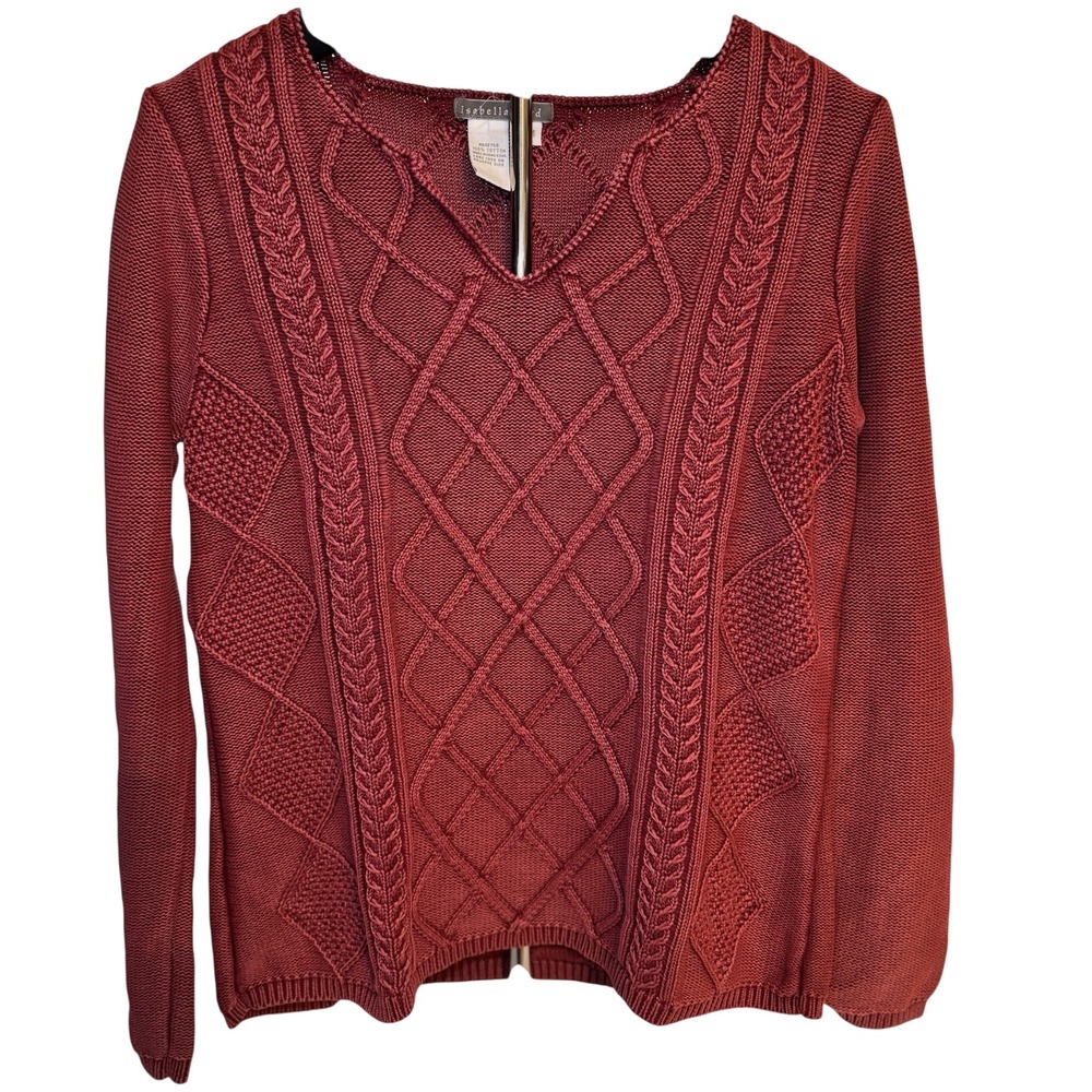 Isabella Bird Womens Medium Red Cotton Cable Knit Long Sleeve‎ Sweater
